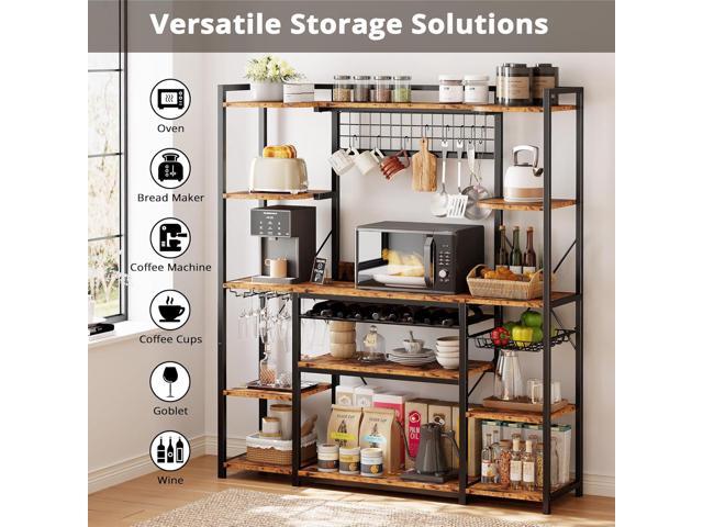 IRONCK Large Bakers Rack with Power Outlet, 62 Inch Wide Microwave Stand, Coffee Bar with Storage, Kitchen Racks and Shelves