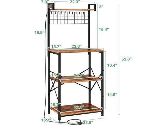Bakers Rack with Power Outlet, Kitchen Shelves Microwave Stand with Wire Grid and 10 Hooks, 4 Tiers Coffee Stand (23.5 x 15.6 x 52.8 Inches)