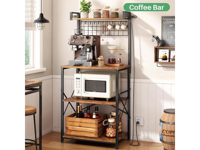 Bakers Rack with Power Outlet, Kitchen Shelves Microwave Stand with Wire Grid and 10 Hooks, 4 Tiers Coffee Stand (23.5 x 15.6 x 52.8 Inches)