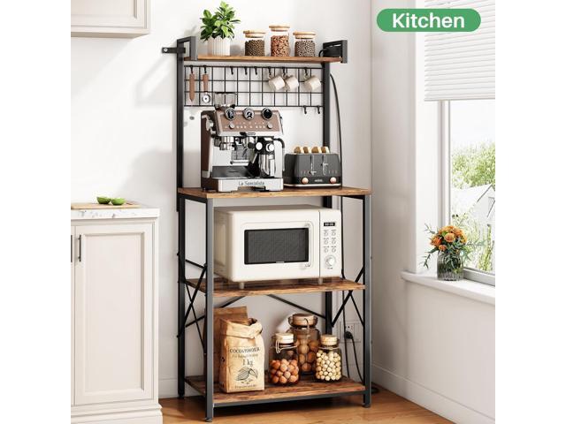 Bakers Rack with Power Outlet, Kitchen Shelves Microwave Stand with Wire Grid and 10 Hooks, 4 Tiers Coffee Stand (23.5 x 15.6 x 52.8 Inches)