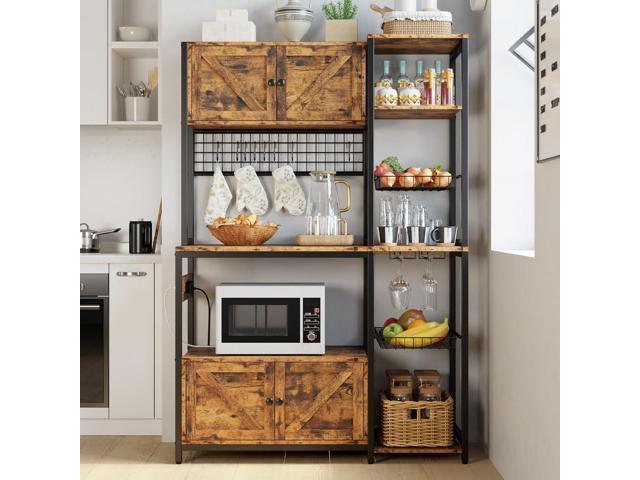 IRONCK Bakers Rack with 2 Storage Cabinets and Power Outlet, 45.3 Inch Industrial Coffee Bar Cabinet Shelves, Kitchen Microwave Stand with Storage,...