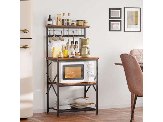 Furologee Kitchen Bakers Rack with Hutch, Coffee Bar Station 4 Tiers, Microwave Oven Stand with 6 S Hooks and Pegboard, Kitchen Microwave Rack for...