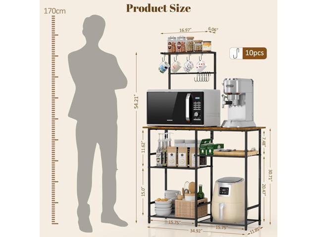 Baker's Rack for Kitchen with Storage, Microwave Stand with Adjustable Shelves and 10 S Hooks, 6-Tier Coffee Bar Station, Kitchen Shelves for...