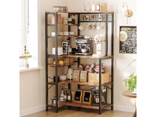 IRONCK Bakers Rack with Power Outlet, 5-Tier Corner Microwave Stand with Storage, Coffee Bar with 6 S-Shaped Hooks, Kitchen Shelves with Wire Basket