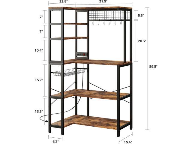 IRONCK Bakers Rack with Power Outlet, 5-Tier Corner Microwave Stand with Storage, Coffee Bar with 6 S-Shaped Hooks, Kitchen Shelves with Wire Basket
