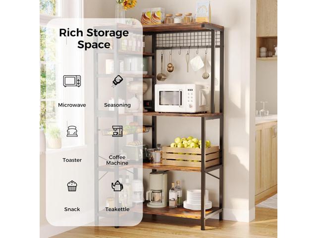 IRONCK Bakers Rack with Power Outlet, 5-Tier Corner Microwave Stand with Storage, Coffee Bar with 6 S-Shaped Hooks, Kitchen Shelves with Wire Basket