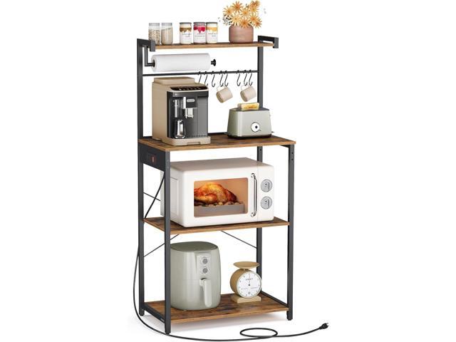 VASAGLE Kitchen Bakers Rack with Power Outlet, Coffee Bar 4-Tier with 8 S Hooks, Microwave Stand, Adjustable Shelf, for Small Spaces, Rustic Brown...