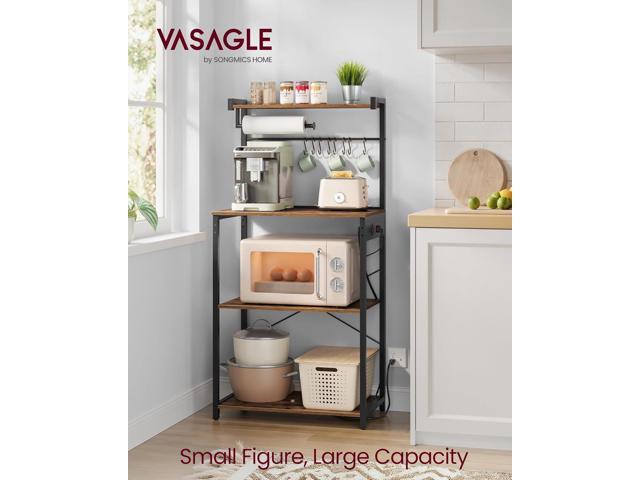 VASAGLE Kitchen Bakers Rack with Power Outlet, Coffee Bar 4-Tier with 8 S Hooks, Microwave Stand, Adjustable Shelf, for Small Spaces, Rustic Brown...