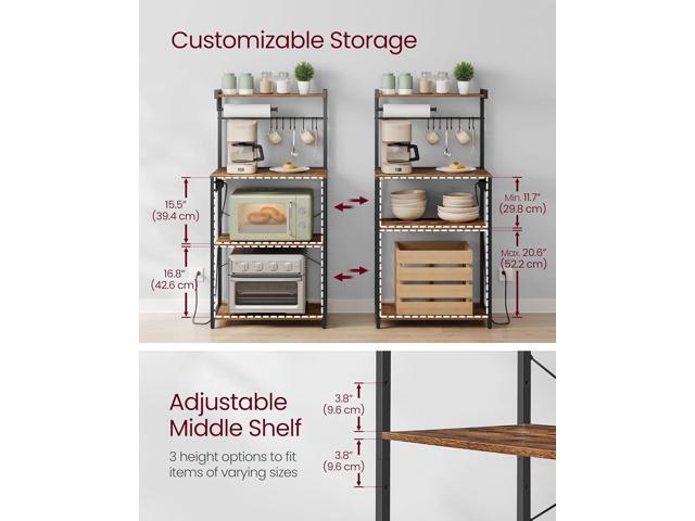 VASAGLE Kitchen Bakers Rack with Power Outlet, Coffee Bar 4-Tier with 8 S Hooks, Microwave Stand, Adjustable Shelf, for Small Spaces, Rustic Brown...