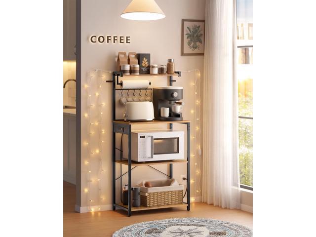VASAGLE Kitchen Bakers Rack with Power Outlet, Coffee Bar 4-Tier with 8 S Hooks, Microwave Stand, Adjustable Shelf, for Small Spaces, Rustic Brown...