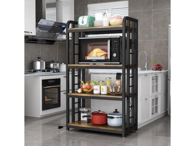 Bakers Rack with Power Outlet, 4-Tier Rustic Brown Kitchen Baker's Rack, Microwave Stand with Storage, Suitable for Living Room, Dining Room,...