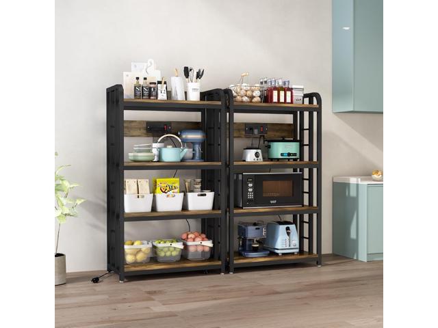 Bakers Rack with Power Outlet, 4-Tier Rustic Brown Kitchen Baker's Rack, Microwave Stand with Storage, Suitable for Living Room, Dining Room,...