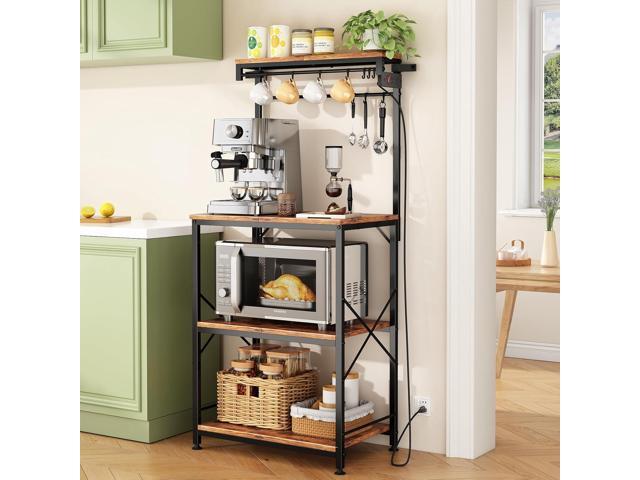 Kitchen Bakers Rack with Power Outlet 10 Hooks, 4 Tiers Coffee Bar Station Cabinet, Microwave Stand with Storage (Rustic Brown, 21.7 x 14.2 x 49.6...