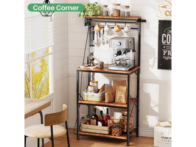 Kitchen Bakers Rack with Power Outlet 10 Hooks, 4 Tiers Coffee Bar Station Cabinet, Microwave Stand with Storage (Rustic Brown, 21.7 x 14.2 x 49.6...