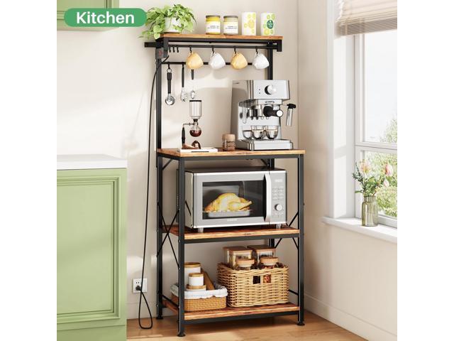 Kitchen Bakers Rack with Power Outlet 10 Hooks, 4 Tiers Coffee Bar Station Cabinet, Microwave Stand with Storage (Rustic Brown, 21.7 x 14.2 x 49.6...