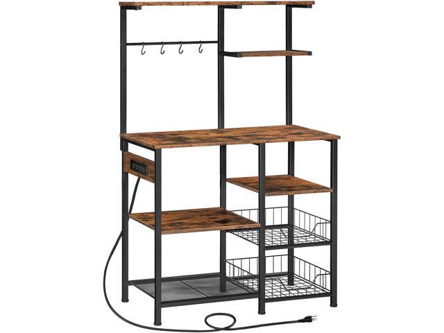 HOOBRO Large Bakers Rack with Power Outlets, 6-Tier Microwave Stand with 4 Hooks, Coffee Bar, Kitchen Shelf with Wire Basket, for Kitchen, Living...