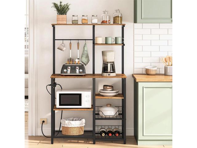 HOOBRO Large Bakers Rack with Power Outlets, 6-Tier Microwave Stand with 4 Hooks, Coffee Bar, Kitchen Shelf with Wire Basket, for Kitchen, Living...