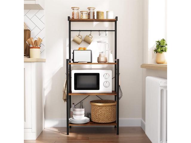 HOOBRO Kitchen Bakers Rack with Storage, 4 Tiers Coffee Bar Station, Microwave Stand with 8 S-Shaped Hooks, Kitchen Storage Shelf Rack for Small...