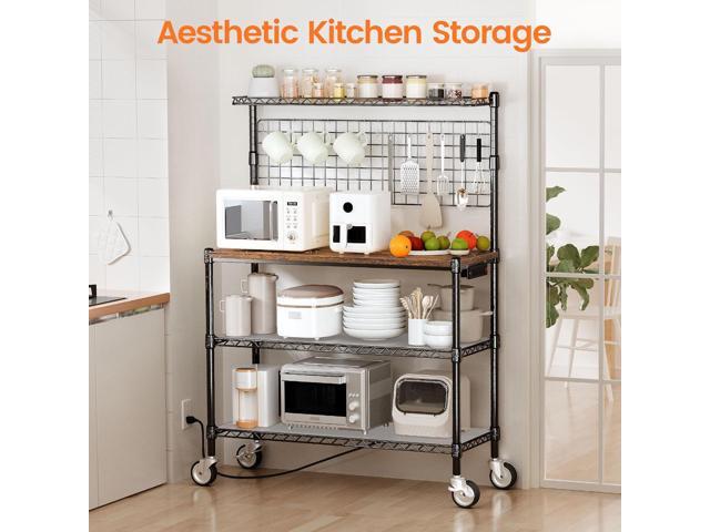 Leteuke Bakers Rack with Power Outlet & Storage, 36 Inch Microwave Stand Kitchen Cart, 4-Tier Metal Kitchen Shelves Cart with Wheels & 20 S-Hooks...