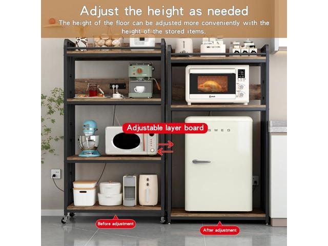 Adjustable 4-Tier Heavy Duty Kitchen Baker's Rack with Power Outlet, with Industrial Wheels, Free Standing Microwave Oven Cart Stand for Storage in...