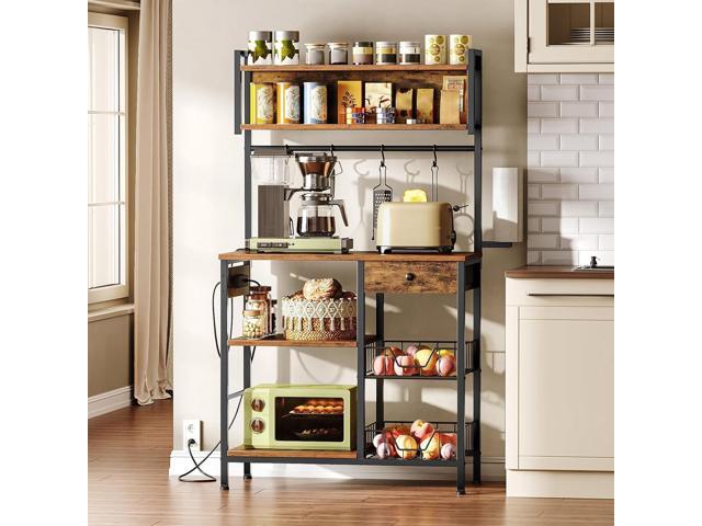 HOOBRO Bakers Rack with 4 AC Power Outlets, 5-Tier Coffee Bar with Wire Basket, Microwave Stand with Paper Holder and Drawer, Kitchen Storage...