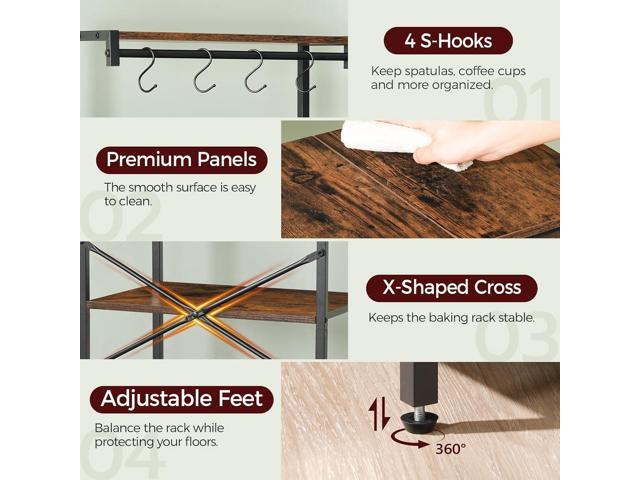 Bakers Rack with Drawer, Microwave Stand with Power Outlet, Coffee Bar Station with 4 Hooks, Kitchen Storage Shelf Rack 4 Tiers, for Kitchen,...