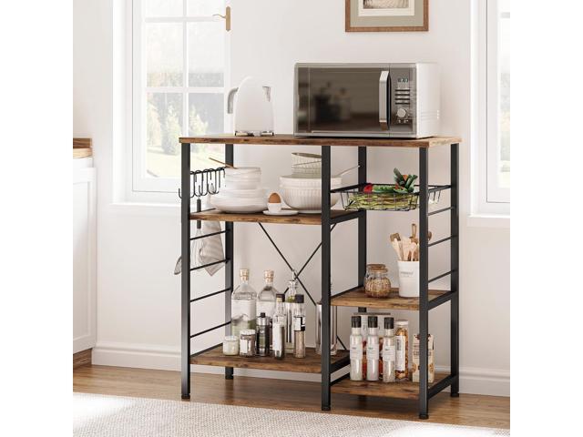 IRONCK Industrial Kitchen Bakers Rack, Kitchen Island Utility Storage Shelf, Coffee Bar Microwave Stand with 6 Hooks, Metal Frame, Simple Assembly,...