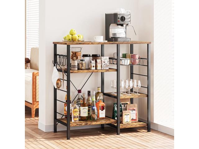 IRONCK Industrial Kitchen Bakers Rack, Kitchen Island Utility Storage Shelf, Coffee Bar Microwave Stand with 6 Hooks, Metal Frame, Simple Assembly,...