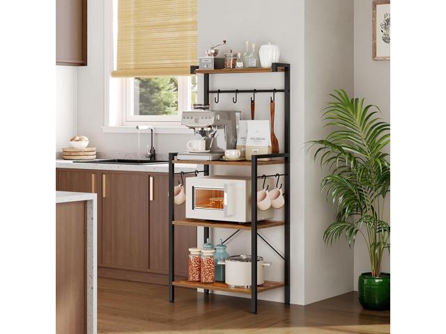 HOOBRO Kitchen Bakers Rack with Storage, 4 Tiers Coffee Bar Station, Microwave Stand with 8 S-Shaped Hooks, Kitchen Storage Shelf Rack for Small...