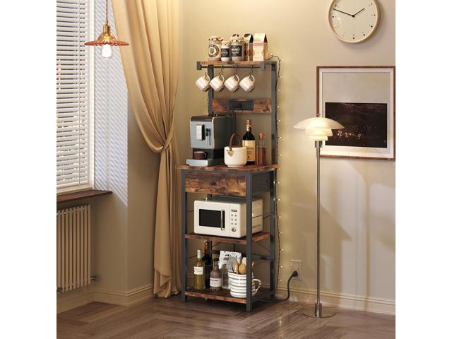 Bakers Rack with Drawer, Microwave Stand with Power Outlet, Coffee Bar Station with 4 Hooks, Kitchen Storage Shelf Rack 4 Tiers, for Kitchen,...