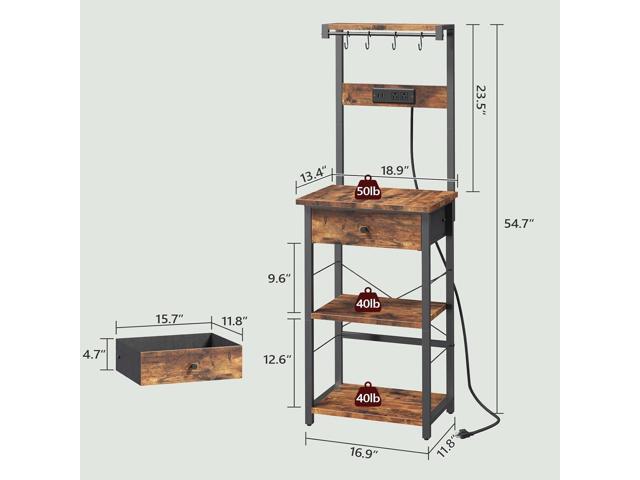 Bakers Rack with Drawer, Microwave Stand with Power Outlet, Coffee Bar Station with 4 Hooks, Kitchen Storage Shelf Rack 4 Tiers, for Kitchen,...