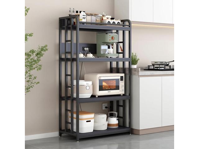 Adjustable 4-Tier Heavy Duty Kitchen Baker's Rack with Power Outlet, with Industrial Wheels, Free Standing Microwave Oven Cart Stand for Storage,...