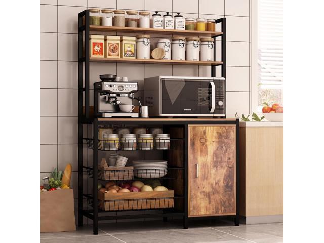 Kitchen Bakers Rack with Baskets and Door,Industrial Microwave Oven Stand,Utility Storage Shelf,Free Standing Kitchen Utility Cart Storage Shelf...