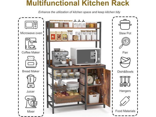 Kitchen Bakers Rack with Baskets and Door,Industrial Microwave Oven Stand,Utility Storage Shelf,Free Standing Kitchen Utility Cart Storage Shelf...