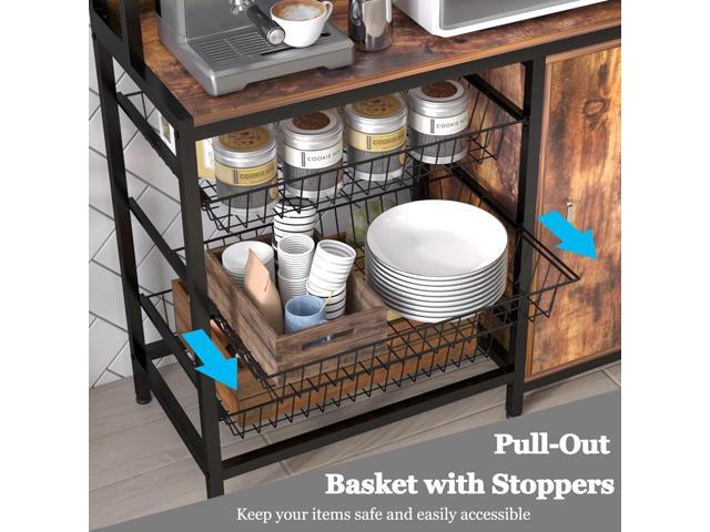 Kitchen Bakers Rack with Baskets and Door,Industrial Microwave Oven Stand,Utility Storage Shelf,Free Standing Kitchen Utility Cart Storage Shelf...