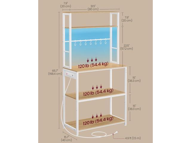 VASAGLE Coffee Bar with LED Lights, Kitchen Bakers Rack with Power Outlet, Microwave Stand with Adjustable Shelves, 8 Hooks, 15.7 x 31.5 x 65.7...
