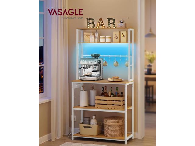 VASAGLE Coffee Bar with LED Lights, Kitchen Bakers Rack with Power Outlet, Microwave Stand with Adjustable Shelves, 8 Hooks, 15.7 x 31.5 x 65.7...