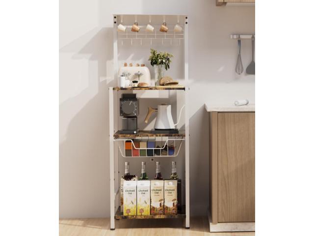 4 Tier Coffee Bar Station, Corner Bakers Rack with 5 Hooks & Wire Basket, Coffee Maker Stand for Small Space, Kitchen Storage Shelf for Entryway,...