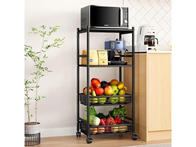 Kitchen Microwave Stand Shelf - 4 Tiers Metal Bakers Rack with Casters, Coffee Bar Station with Storage, Black
