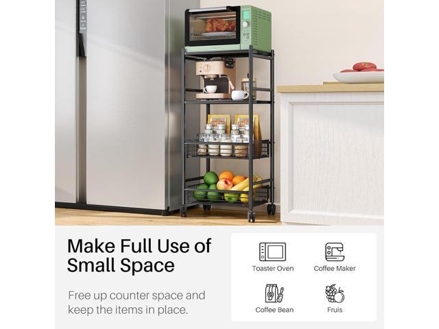 Kitchen Microwave Stand Shelf - 4 Tiers Metal Bakers Rack with Casters, Coffee Bar Station with Storage, Black
