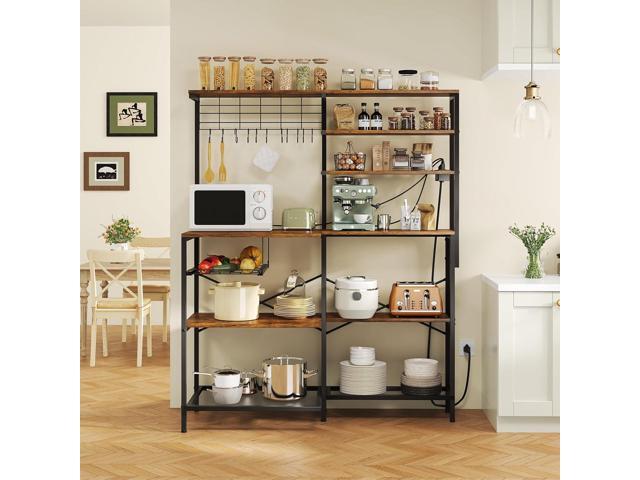 L-Shaped Bakers Rack with Power Outlet, 6-Tier Microwave Stand with Open Storage, Coffee Bar with Hooks, Mesh Grid, Kitchen Shelf with Wire Basket,...