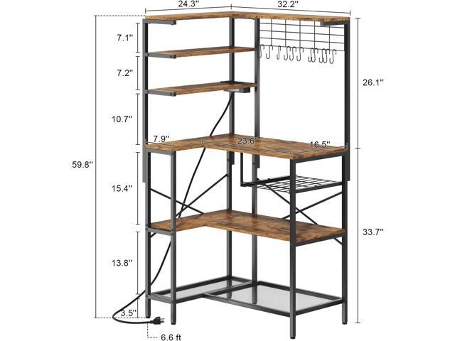 L-Shaped Bakers Rack with Power Outlet, 6-Tier Microwave Stand with Open Storage, Coffee Bar with Hooks, Mesh Grid, Kitchen Shelf with Wire Basket,...
