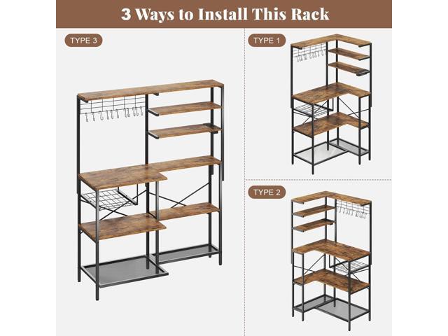 L-Shaped Bakers Rack with Power Outlet, 6-Tier Microwave Stand with Open Storage, Coffee Bar with Hooks, Mesh Grid, Kitchen Shelf with Wire Basket,...