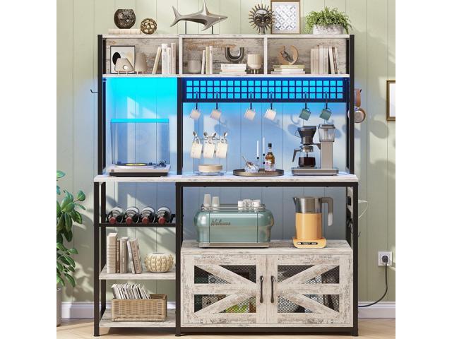 Itaar 47.2 Inch Bakers Rack with Power Outlet, Microwave Stand with Storage, Farmhouse Coffee Bar Cabinet Station with Wine Rack, Iron Grid and 8-S...