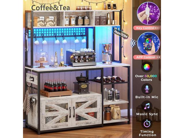 Itaar 47.2 Inch Bakers Rack with Power Outlet, Microwave Stand with Storage, Farmhouse Coffee Bar Cabinet Station with Wine Rack, Iron Grid and 8-S...