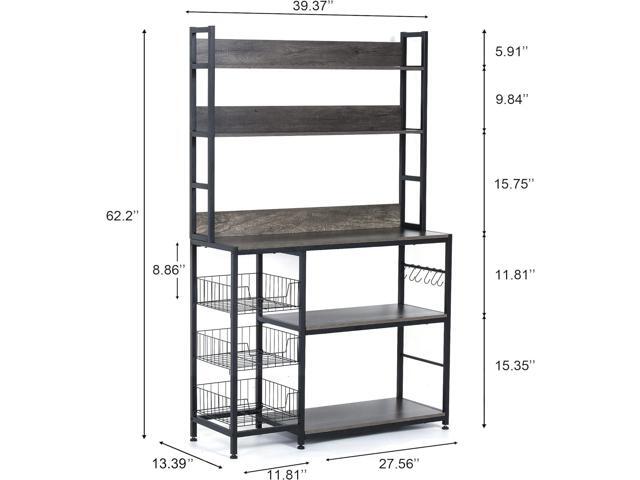 Kitchen Bakers Rack with Baskets,Free Standing Shelf,5-Tier Kitchen Utility Storage Shelf with Hooks, Microwave Oven Stand Rack Grey