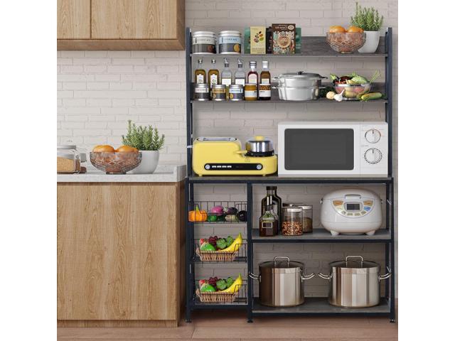 Kitchen Bakers Rack with Baskets,5-Tier Utility Storage Shelf with Hooks, Microwave Oven Stand Rack, Free Standing Kitchen Shelf Vintage Grey