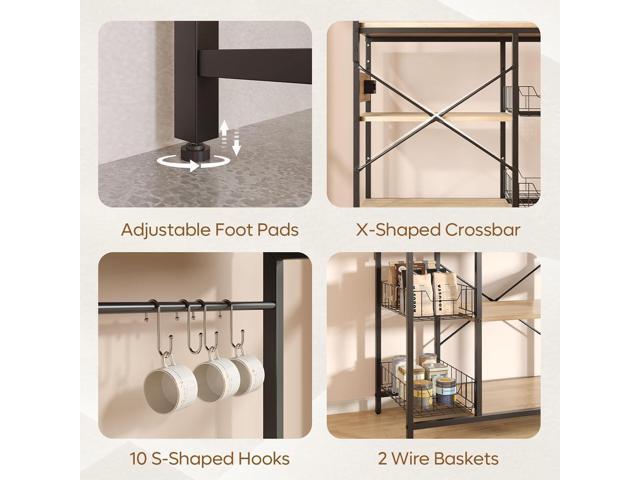 Bestier Bakers Rack with Power Outlet, 10 Hooks Coffee Bar with Wire Basket, Microwave Stand with Paper Holder, Adjustable Kitchen Storage Shelf...