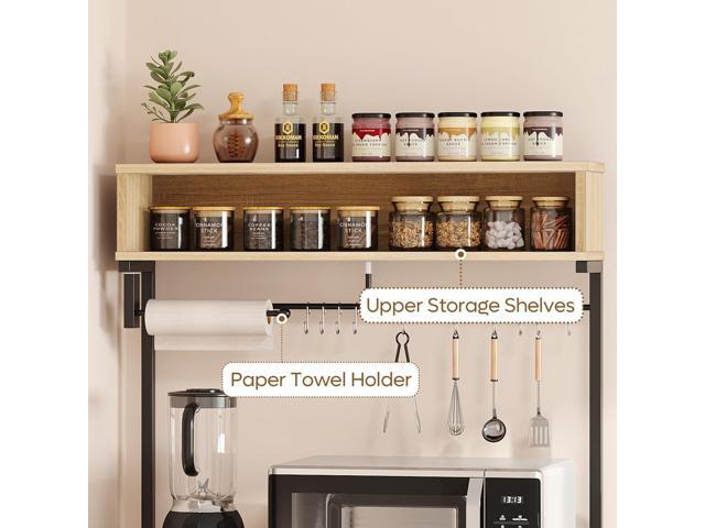 Bestier Bakers Rack with Power Outlet, 10 Hooks Coffee Bar with Wire Basket, Microwave Stand with Paper Holder, Adjustable Kitchen Storage Shelf...