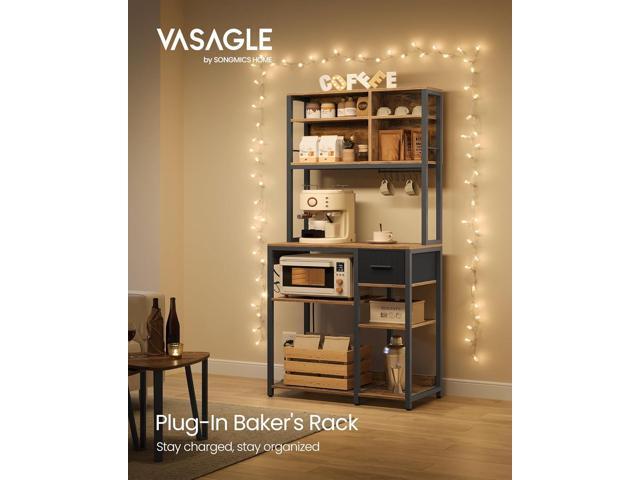VASAGLE Bakers Rack with Charging Station, Coffee Bar with Adjustable Storage Shelves, Fabric Drawer, 12 Hooks, 15.7 x 31.5 x 71 Inches, Kitchen...